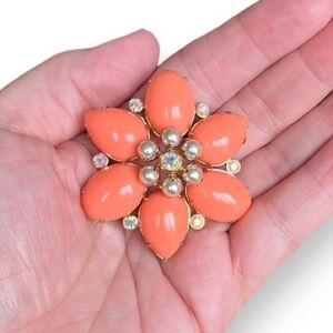 Vintage Brooch Coral Lucite Floral with Aurora Borealis Crystals and Faux Pearl